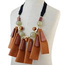 Ethnic Brown Leather Pendant Tassel Necklace Fabric Chain Boho Women Statement Jewelry