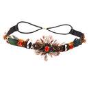 Women Feather Tassel Belt Headband Bohemian Style with Red Rhinestone Decor