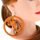 Orange Africa Map Natural Wood Earrings Round Tribal Wooden Danglers Jewelry