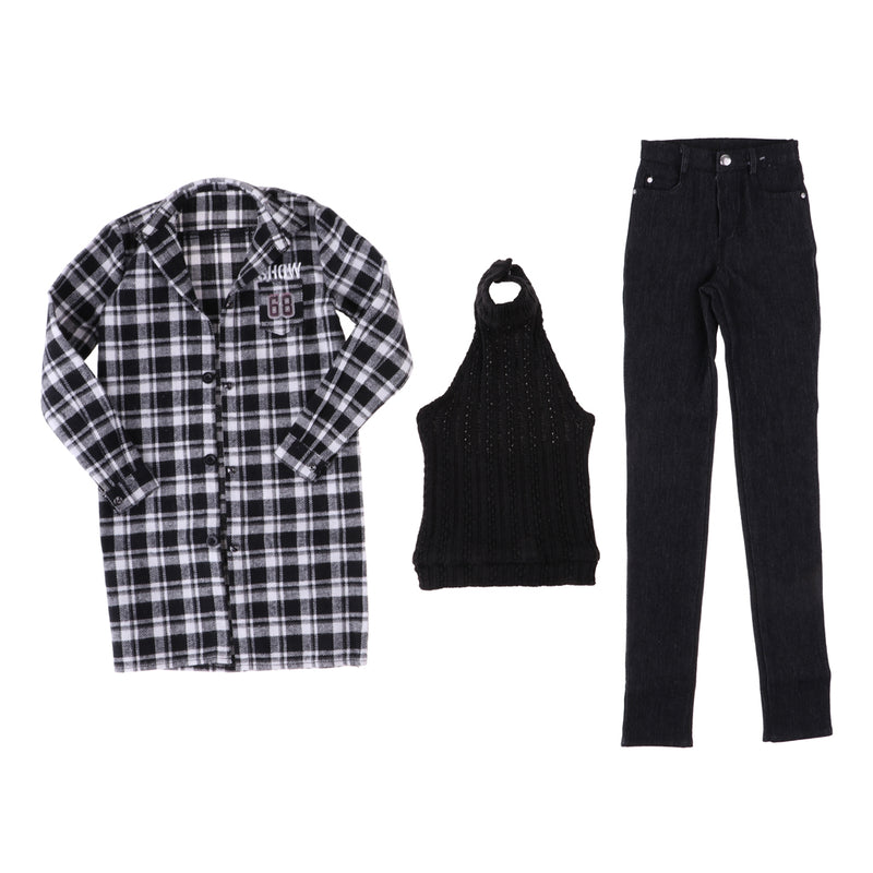 1/3 BJD Plaid Overcoat Vest Jeans 3 Pieces Set Outfits for Normal 70cm Uncle Doll