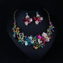 Women Multicolor Flower Rhinestone Statement Necklace Earring Jewelry Set