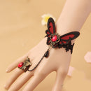 Retro Charm Women Sexy Black Lace Bracelet Ring Chain with Butterfly Pattern Red Rhinestone for Halloween Christmas Masquerade