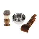Men Shaving Grooming Kit - Stainless Steel Cup Bowl+Leather Straight Safety Razors Holder+Nylon Brush