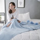 Creative Fuzzy Ball Design Soft Knitted Air Conditioning Baby Sleeping Cotton Double Faced Cotton Blanket Blue