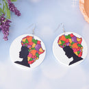 White Round Wooden Tag Dangle Black Female with African Map Hair Earring
