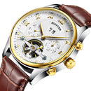 KINYUED Mens Automatic Mechanical Brown Genuine Leather Strap Wristwatch Skeleton Analog Display Watch Jewelry