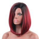 Bob Straight Ombre Women Lady Synthetic Hair Wigs + Cap for Costume Party Daily Wear Cosplay Wine Red Black Root 16 inches Shoulder Length
