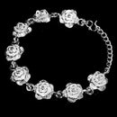 Women Girls Wedding Prom Party Fashionable Silver Plated Alloy Rose Flower Cuff Bracelet Wristband Adjustable Hand Jewelry Gift