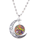 Novelty Carved Flower Crescent Moon Pendant Necklace Women Cabochon Jewelry