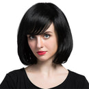 14'' HEAT RESISTANT Short Side Bangs 100% Straight Bob Real Human Hair Wigs With Cap for Women Girls Cosplay Party Daily Use Black
