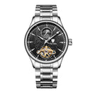 TEVISE Black Dial Automatic Mechanical Watch For Mens Stainless Steel Tourbillion Moon Luminous