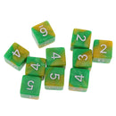 Pack of 10 Dual Colored Six Sided D6 Dice for D&D RPG Game Green & Yellow
