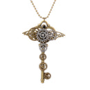 Retro Steampunk Heart Crown Wings Gear Key Pendant Ancient Gold Alloy Necklace with Beads Chain Victorian Statement Jewelry