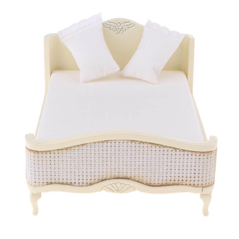 1/12 Miniature Wood Double Bed Mattress Pillow Set Dolls House Bedroom Furniture Kids Pretend Play Toy