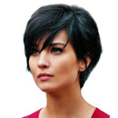 Trendy Real Human Hair Wig Short Black Pixie Cut Wigs for Women with Bangs Free Wigs Cap (11" Black)