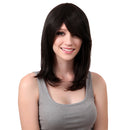 16" Women Long Straight 100% Real Human Hair Wigs With Cap Side Bangs Black