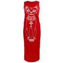 Women Girls Fashionable Cat Print Design Sleeveless Boho Long Maxi Dress Evening Party Summer Beach Outfit Costume Red S
