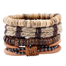 Set Of 4pcs Men Women Wood Beads Ethnic Tribal Bracelets Leather Wristbands