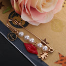 Large Safety Pin Brooch Red Lip Charm Pendant White Pearls Sweater Pin Clip
