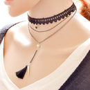 Gothic 3 Layers Triangle Rivet Tassel Pendant Necklace Women Lace Jewelry