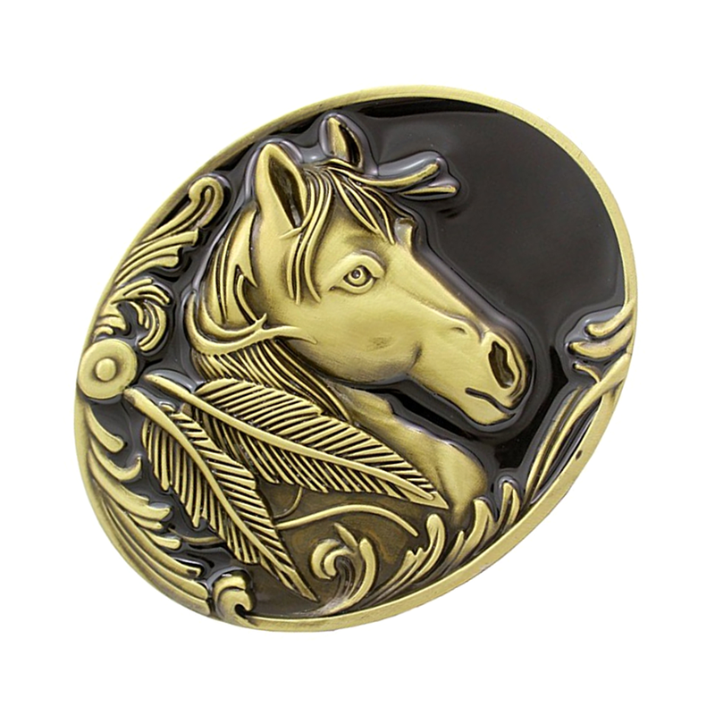 Western Belt Buckle Replacement - Engraved Horse Head - Oval Cowboy Belt Buckle
