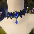 Gothic Victorian Vintage Black Lace Blue Gemstone Choker Necklace
