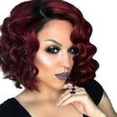 14" Women Short Wavy Bob Deep Curly Fluffy Synthetic Hair Wigs With Cap Dark Root Wine Red for Fashion Costume Party Cosplay