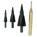 3Pcs Step Drill Bit Set +1 Starter Center Hole Roll Spring Loaded Marking Starting Hole Drill Tool