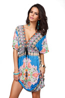 Women Girls Ladies Mini Short Sleeves V Neck Summer Dress Clothing Outfit Accessory Blue XL