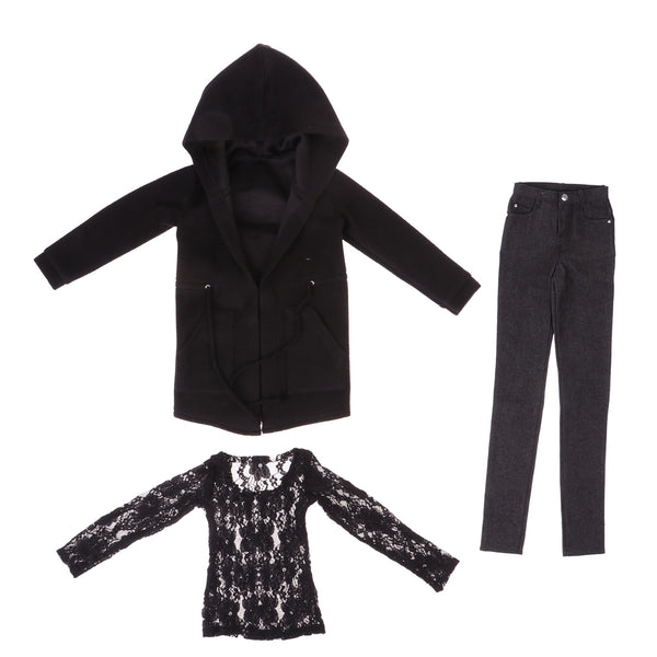 1/3 BJD Black Hooded Jacket Tee Jeans Set for Normal 70cm Uncle Size Doll