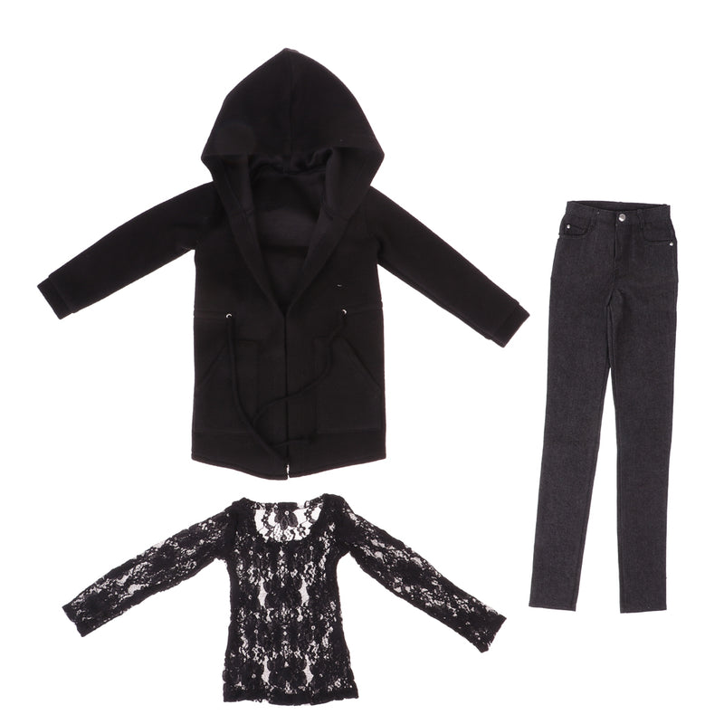 1/3 BJD Black Hooded Jacket Tee Jeans Set for Normal 70cm Uncle Size Doll
