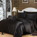 Soft Comfortable Shrink Resistant Solid Color Satin Silk Bedding Duvet Cover+Flat Sheet+Pack of 2PCS Pillow Case FOR 5ft Bed Black