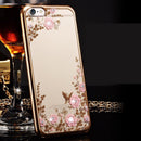 Fashionable Crystal Flower Charms Phone Case Cover COMPATIBLE FOR IPhone 6/6s Plus Dust Scratch Protection -Gold Pink Flower