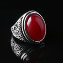 Metal Alloy Engraved Ring Mens Wedding Band Silver Red Oval Gemstone Sz 8