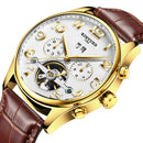 KINYUED Luxury Men's Automatic Mechanical Business Wristwatch Genuine Leather Brown