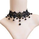 Women Gothic Steampunk Flower Black Lace Beads Pendat Collar Choker Necklace