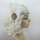 Vintage Crystal Rhinestone White Feather Headband 1920s Women Headpieces