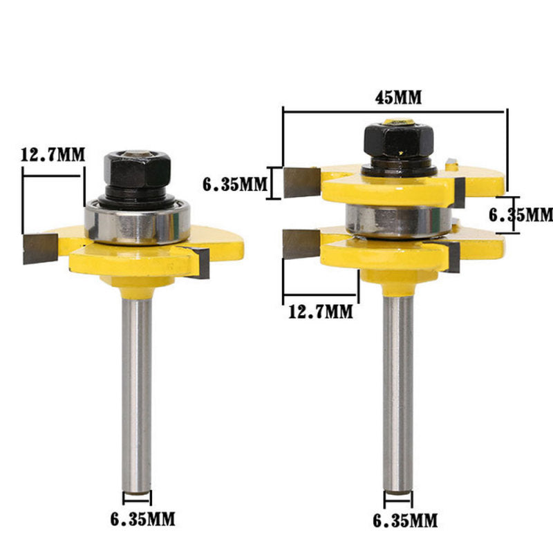 2pcs New Yellow T-shape Tongue Groove Router Bit Set 1/4 Welll OBY