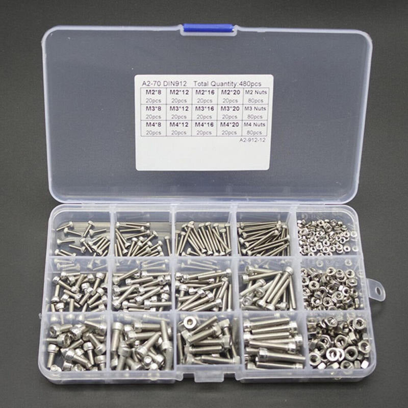 480pcs M2 M3 M4 Metric Hex Socket Head Cap Screws Bolt Nut Assortment UAQ YWQ