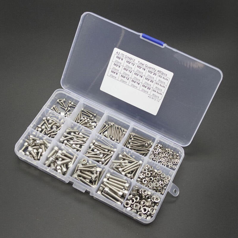 480pcs M2 M3 M4 Metric Hex Socket Head Cap Screws Bolt Nut Assortment NEW