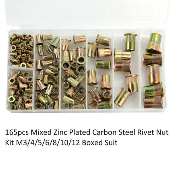 165x Rivet Nut Tool Kit Mixed Zinc Carbon Steel Threaded Rivnut Nutsert In CVZ