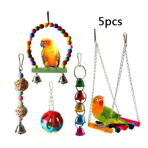 5pcs Bulk Bird Parrot Toys Hanging Bell Pet Cage Hammock Swing Wooden Lot Set x