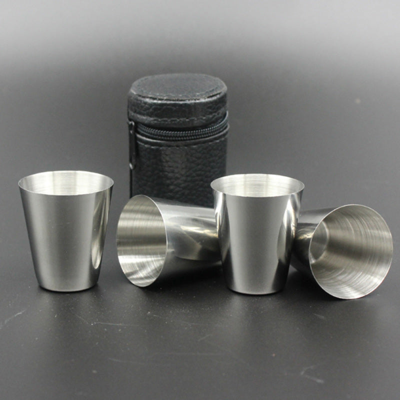 1 Set of 4PCS Tea Beer Coffee Wine Cups Mugs Stainless + Bag Travel Carry EIC