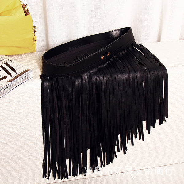 Woman Fringed Hippie Boho Fringe Tassel Black Faux Leather PU Belts Skirt RQW