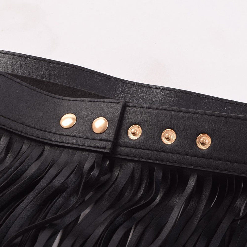 Woman Fringed Hippie Boho Fringe Tassel Black Faux Leather PU Belts Skirt RQW