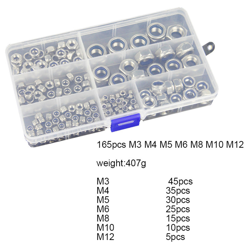 165pcs Boxed 304 Stainless Steel Nylon Lock Nut Locknut Self-Locking Nut VEI
