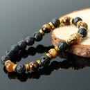 Xmas Unisex Lava Stone Golden Buddha Head Beaded Rock Elastic Bracelet  NCK