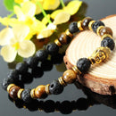 Xmas Unisex Lava Stone Golden Buddha Head Beaded Rock Elastic Bracelet  NCK