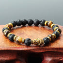 Xmas Unisex Lava Stone Golden Buddha Head Beaded Rock Elastic Bracelet  NCK