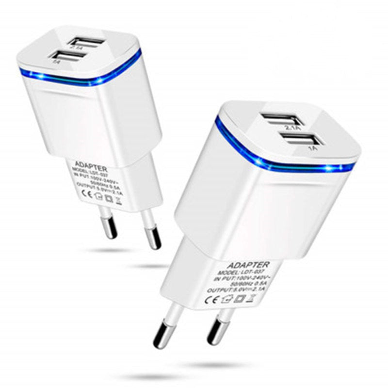 EU Plug Port LED Light USB Charger 2.1A 5V Wall Adapter Mobile Phone